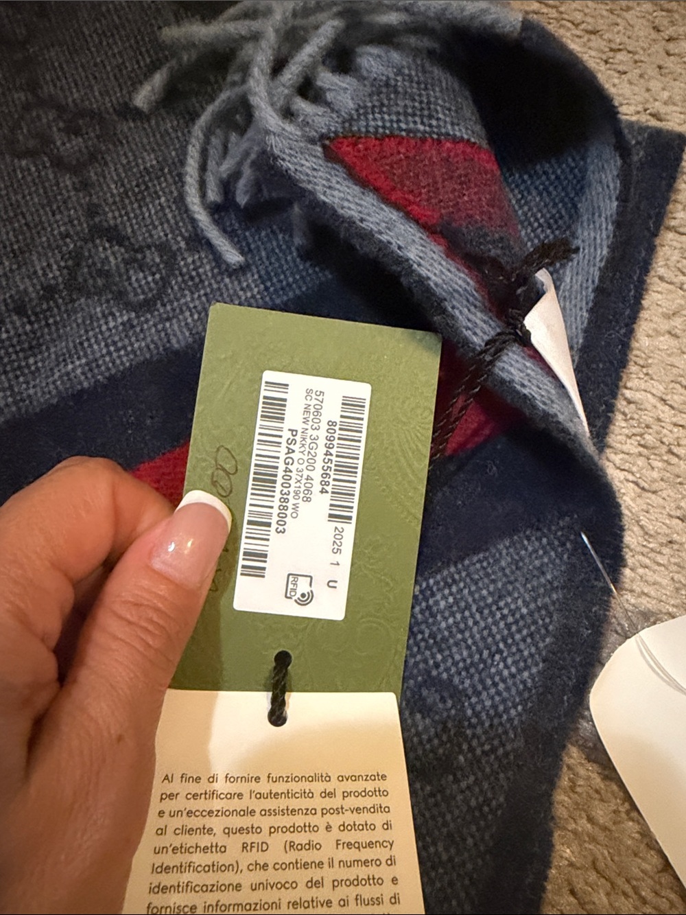 Gucci Men's Gray Wool Scarf with Red & Navy Stripe - Picture 2 of 2